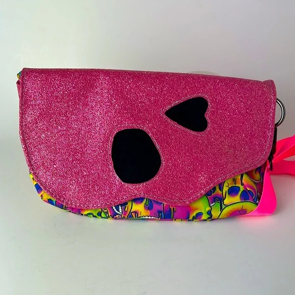 Skull Neon Pink Glitter Drippy Psychedelic Crossbody Bag with Strap - Picture 2 of 12